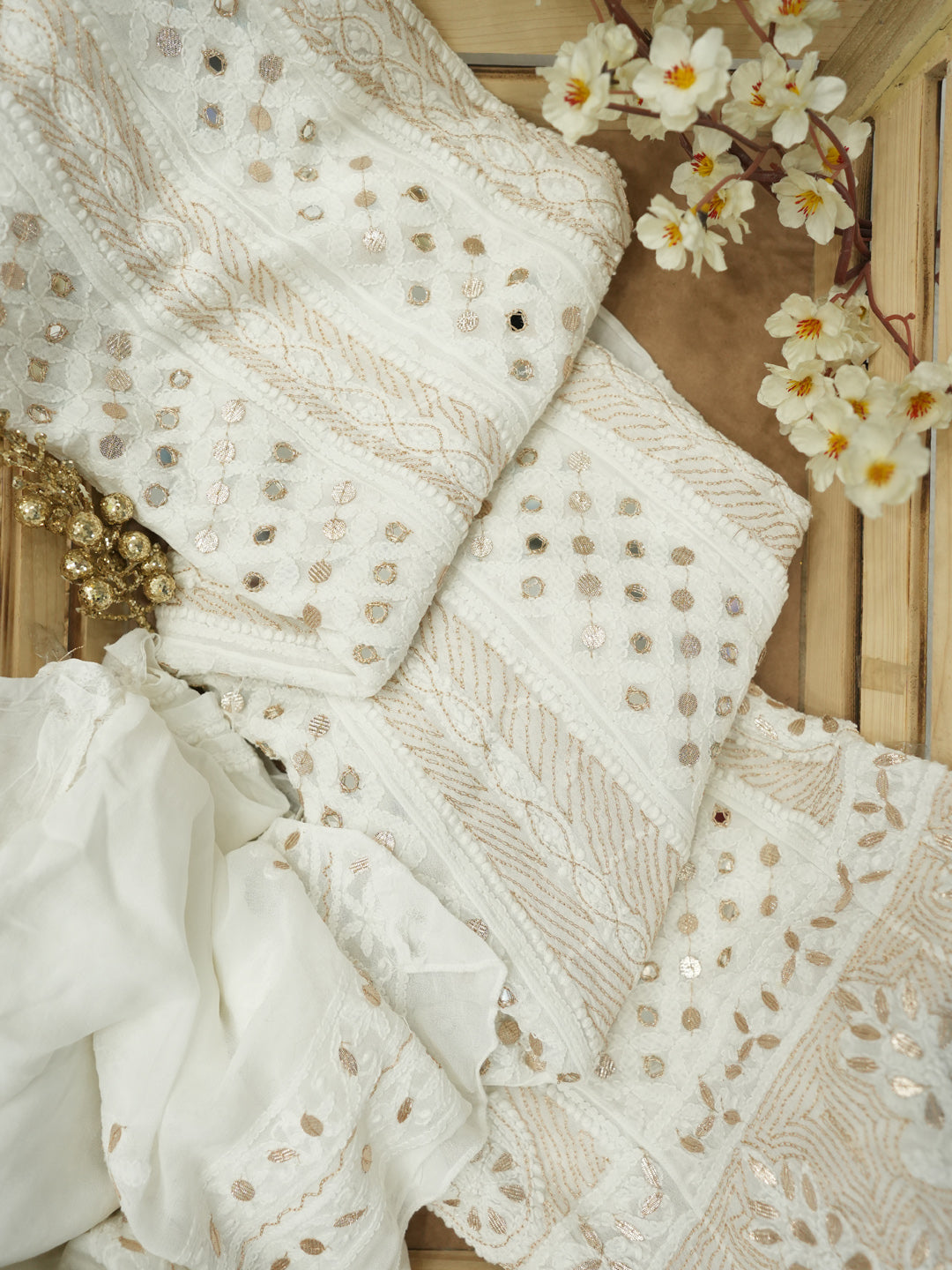 Hand Embroidered White Viscose Lucknowi Chikankari Semi-Stitched Anarkali Kurta Dupatta Set With Gottapatti Work -PCFC97603FS