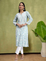 Blue Chikankari Printed Mulmul Straight Kurta