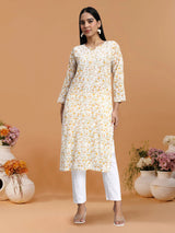 Yellow Chikankari Printed Mulmul Straight Kurta