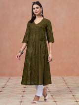 Olive Chikankari Chanderi Angrakha Kurta