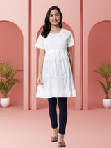 White Chikankari Cotton Dress with Round Neck