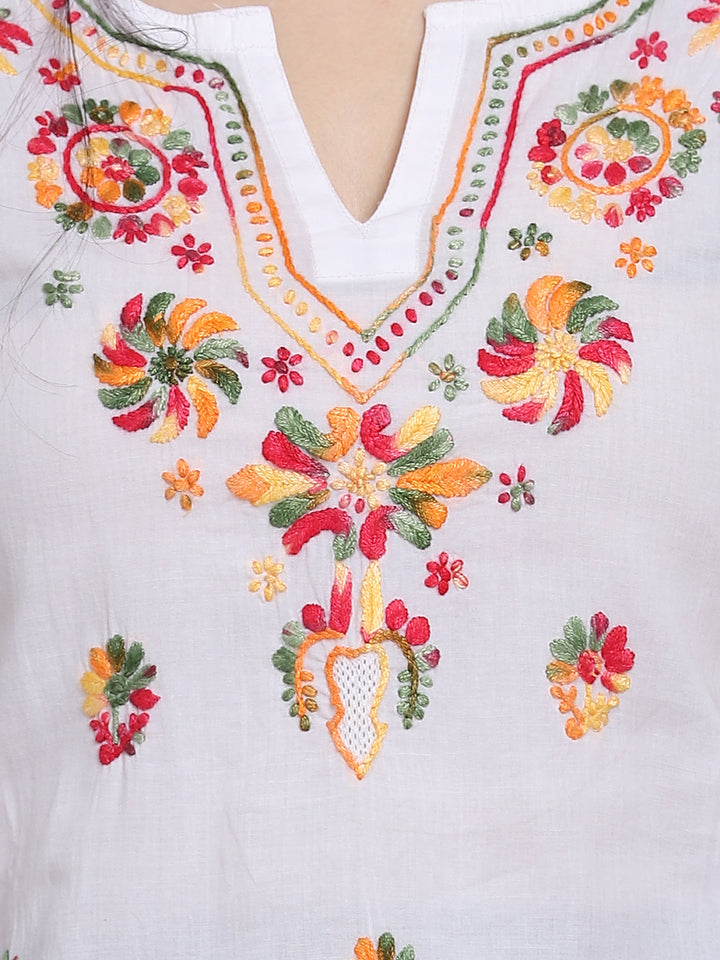 Hand Embroidered White Chikankari Cotton Straight Kurta- PC3514