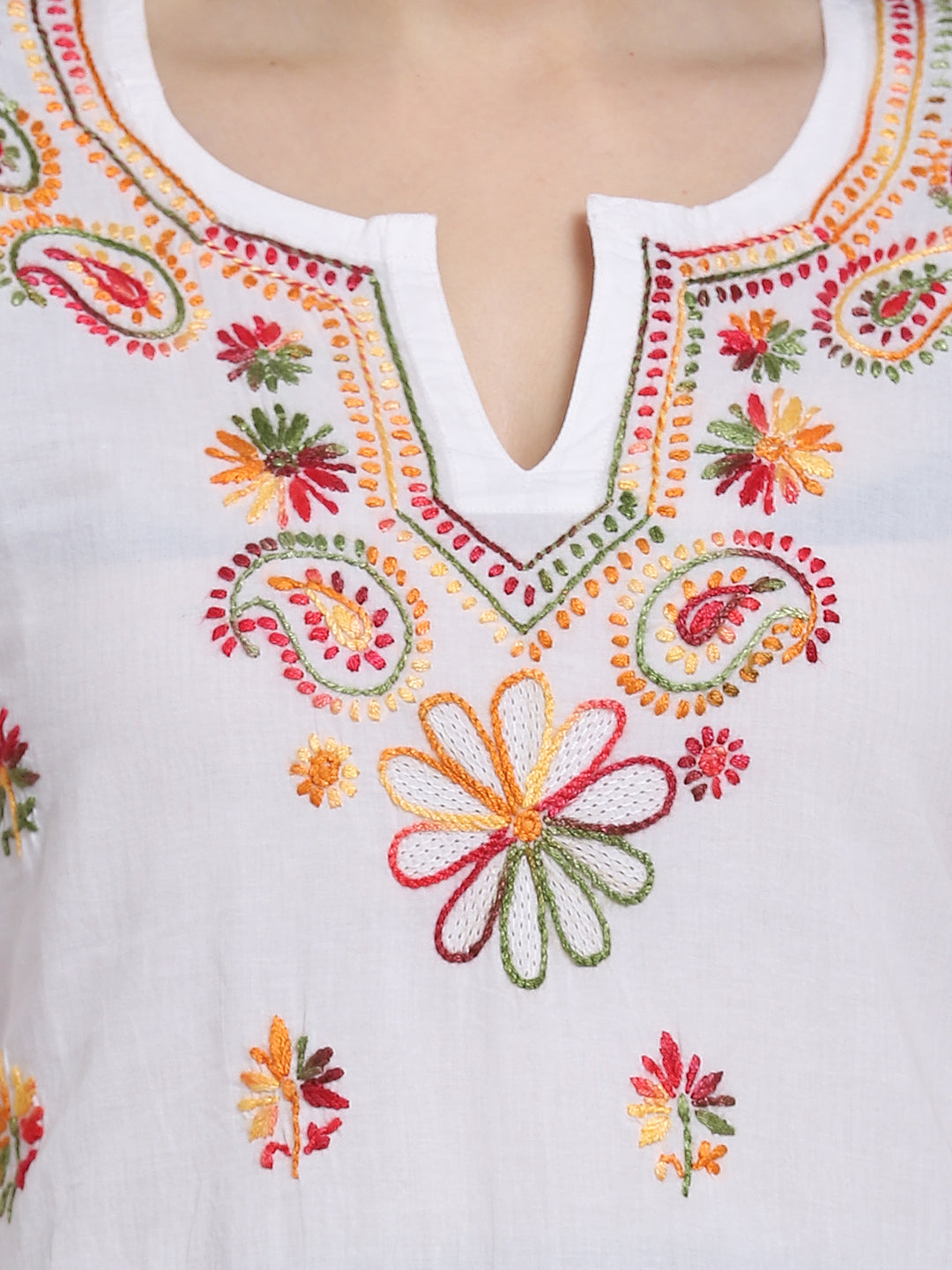 Hand Embroidered White Chikankarii Cotton Straight Kurta- PC3513