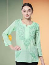 Green Chikankari Cotton Kurti – Collared Neck