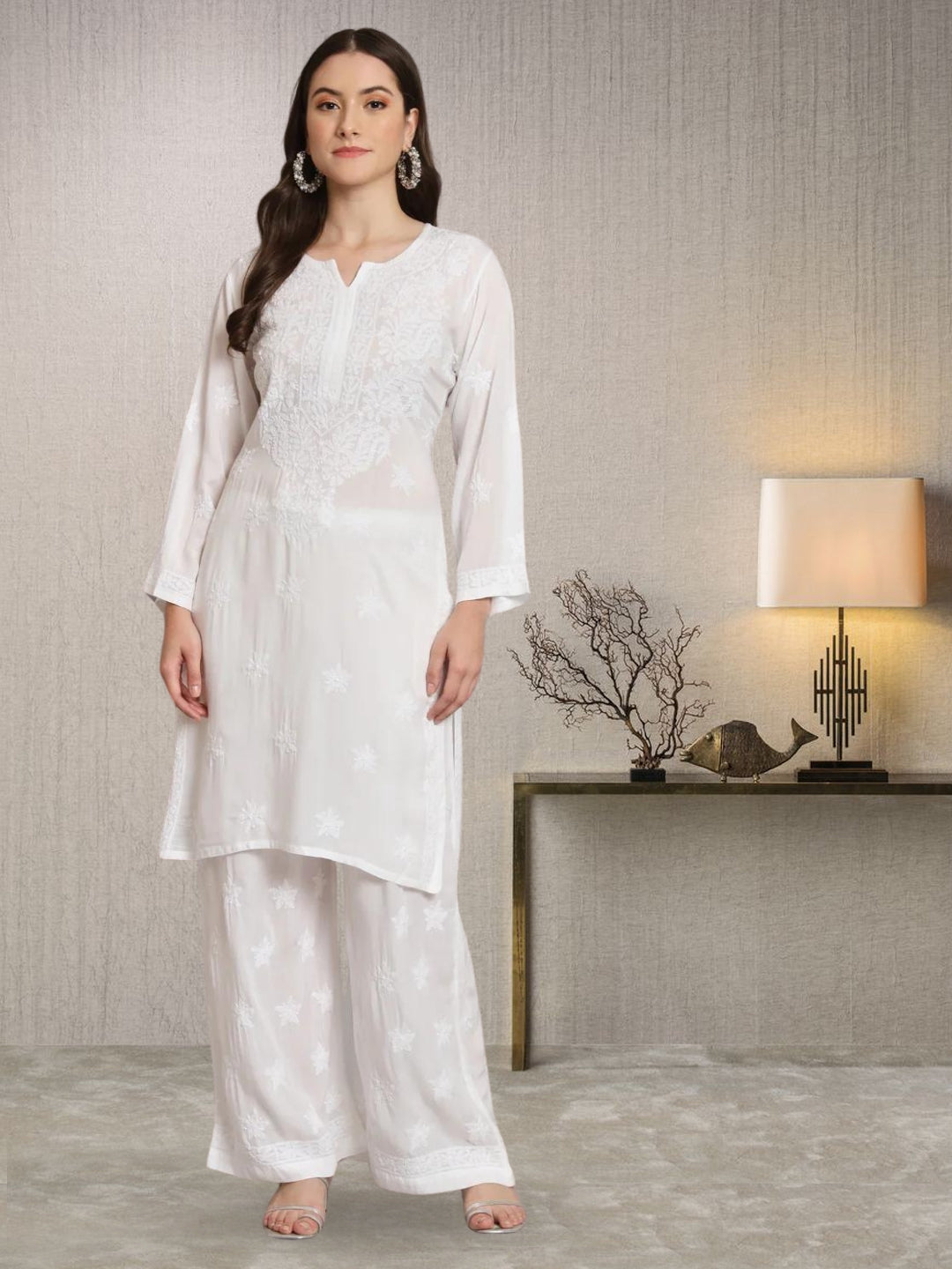 Handmade Women White cheapest Chikankari Embroidered Kurta with Palazzos MM-755