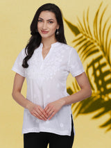 White Chikankari Cotton Kurti with Collared Neck