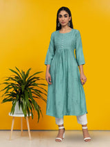 Green Chikankari Chanderi Cotton A-Line Kurta