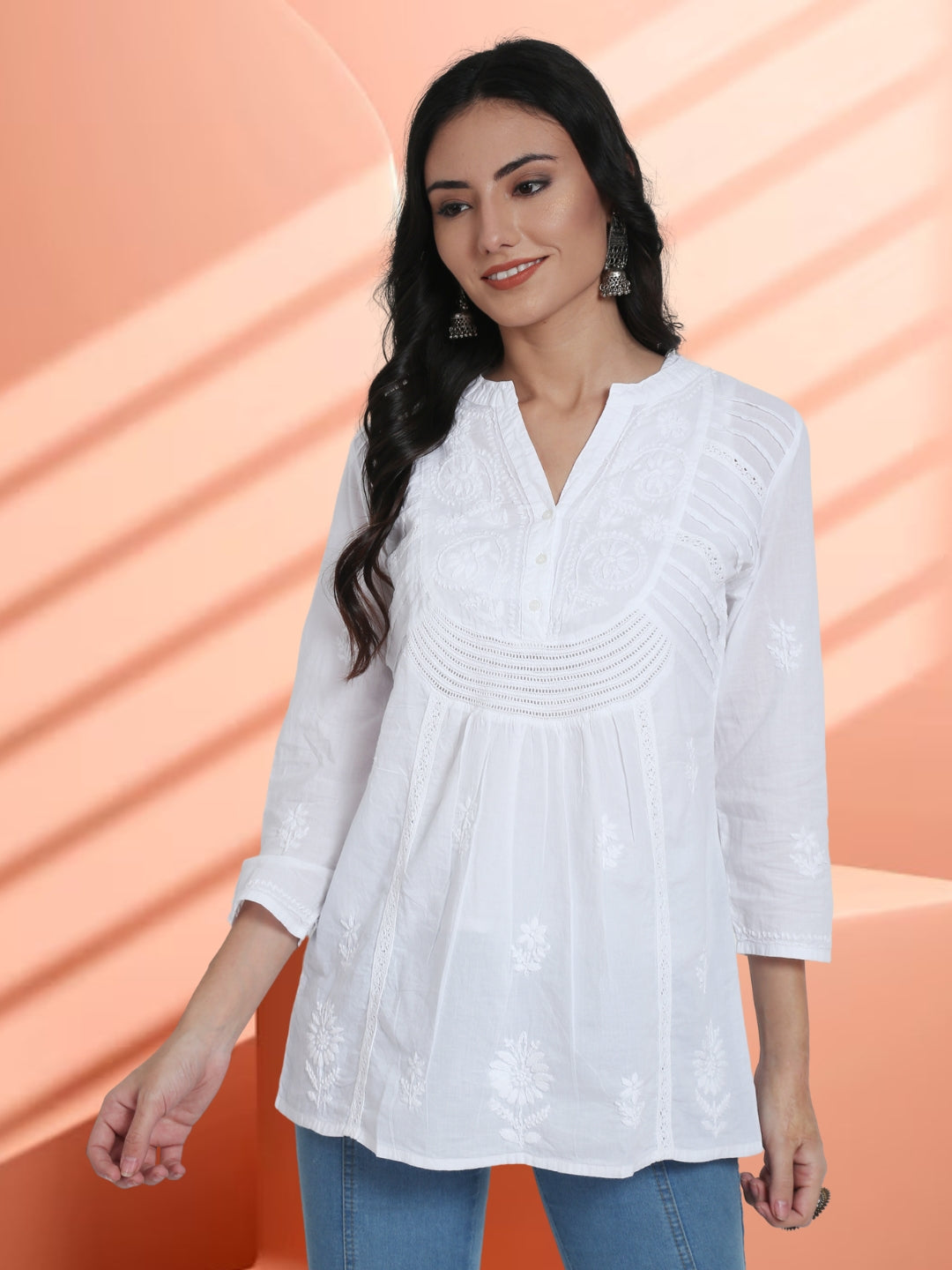Women Hand Embroidered Chikankari Georgette Kurti with Slip
