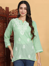 Light Green Chikankari Cotton Kurti – Round Neck