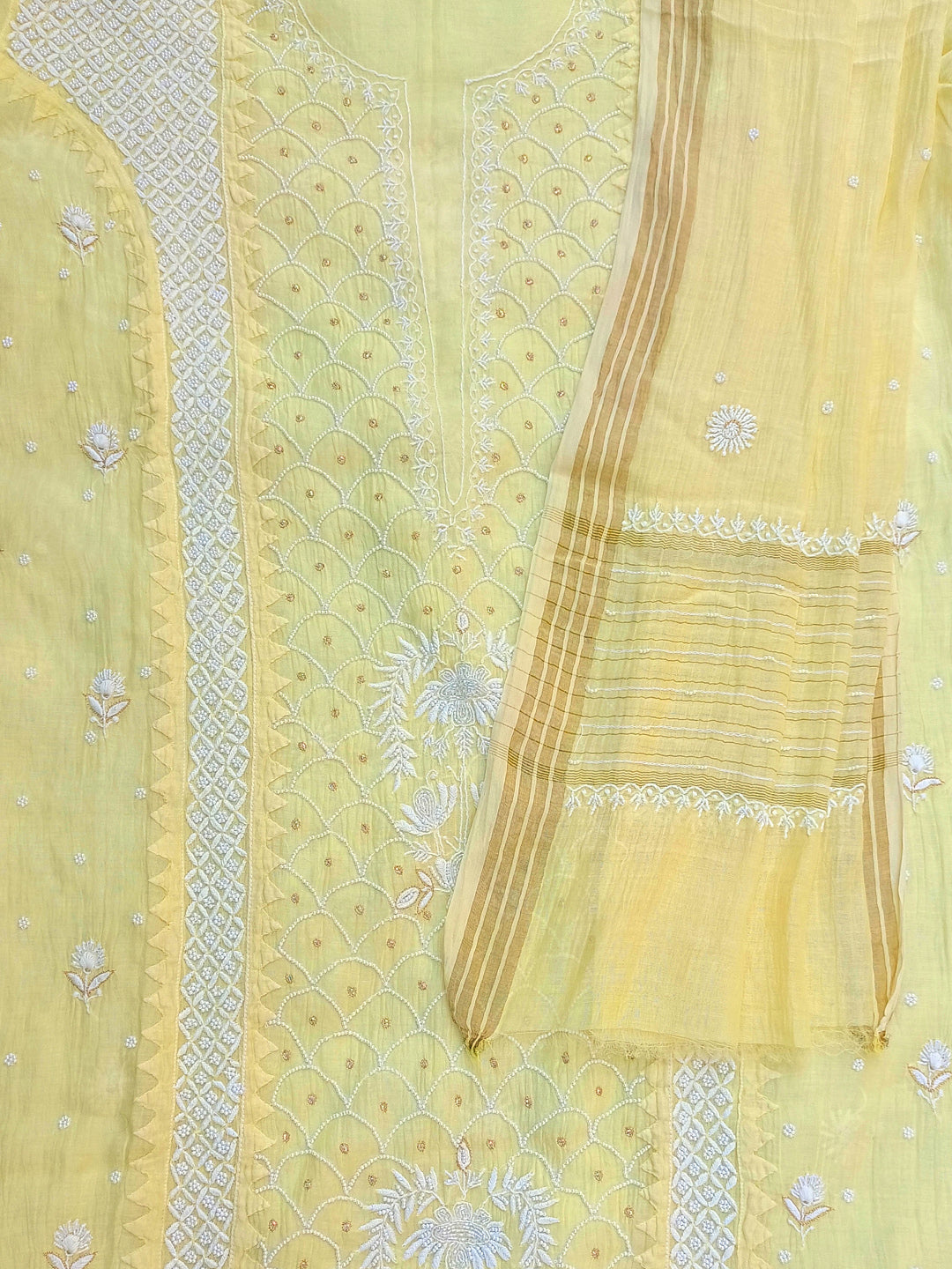 Light yellow hand embroidered chikankari chanderi dress material, a premium fabric that sits at the higher end of the chikankari price range