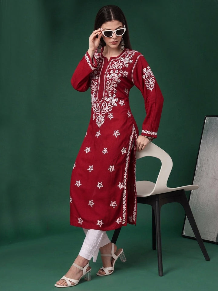 Hand Embroidered Chikankari Modal Straight Kurta PC4059-Red