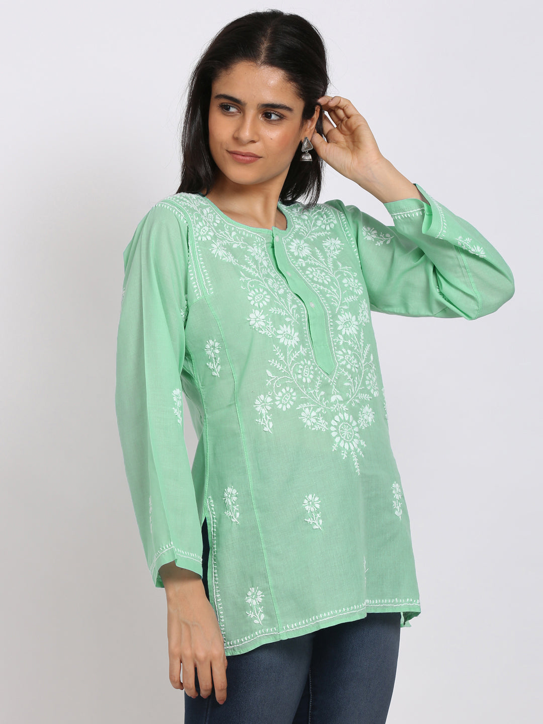 Women Hand Embroidered Chikankari Cotton Kurti-STV115