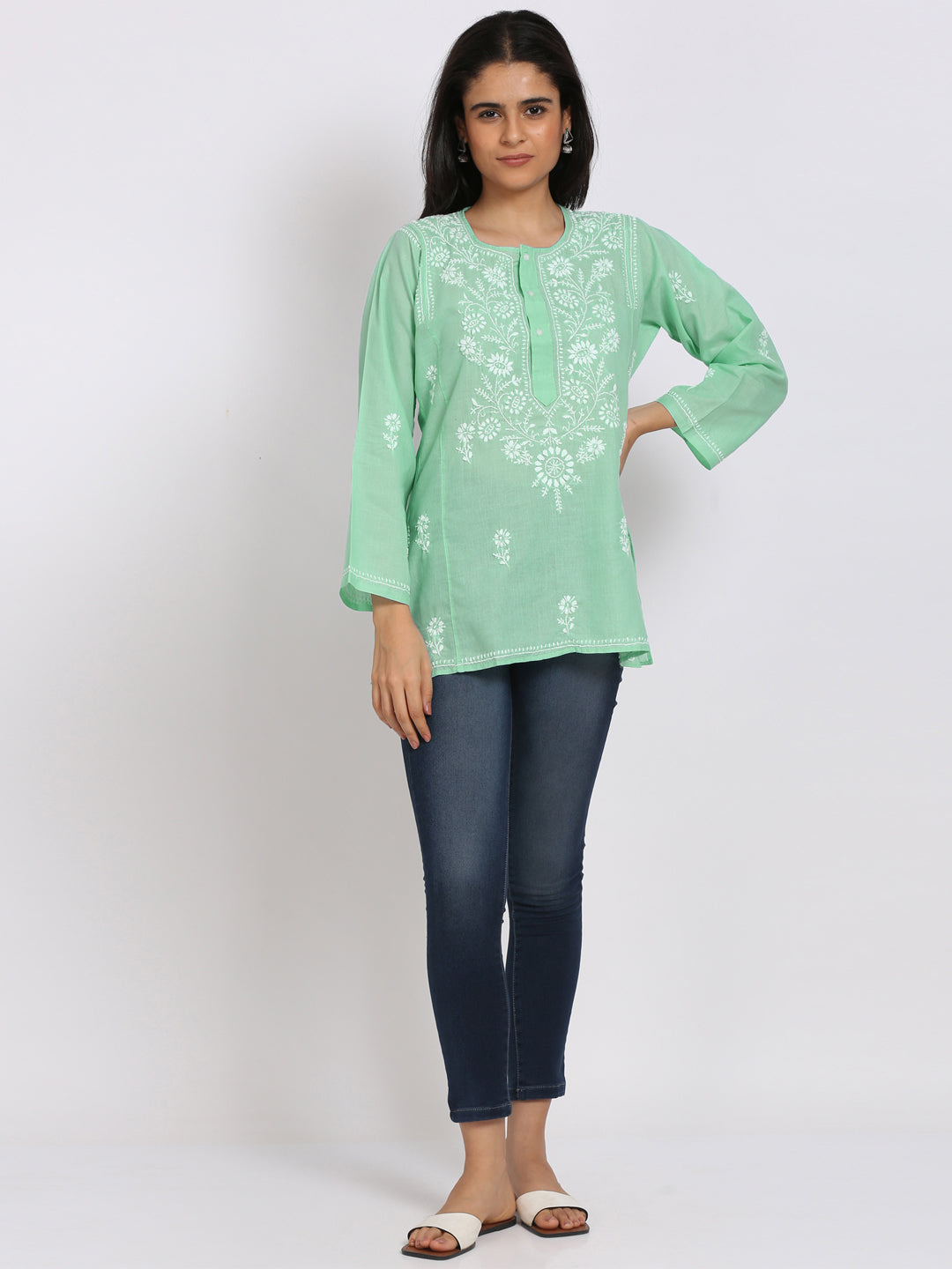 Women Hand Embroidered Chikankari Cotton Kurti-STV115