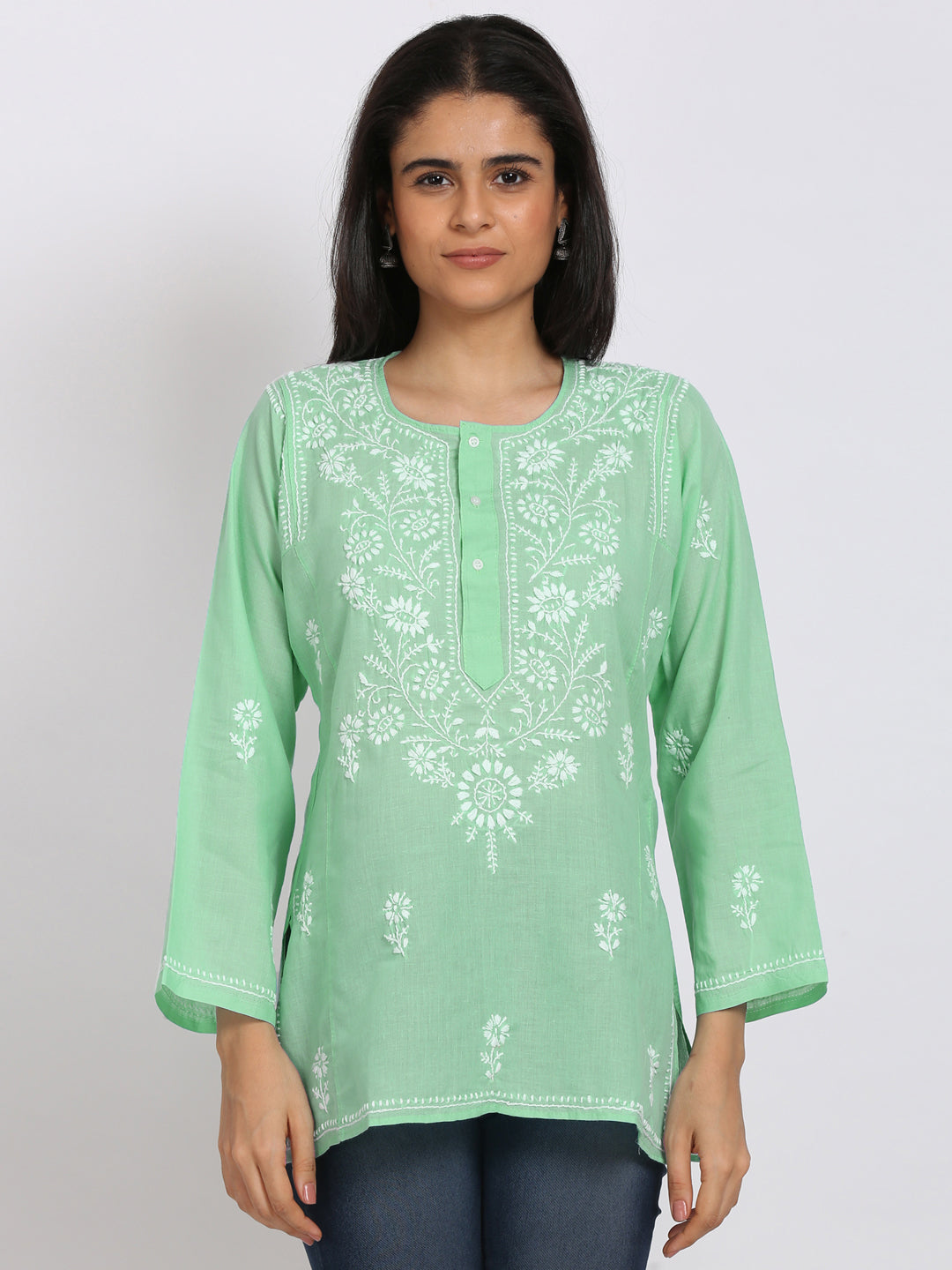 Women Hand Embroidered Chikankari Cotton Kurti-STV115