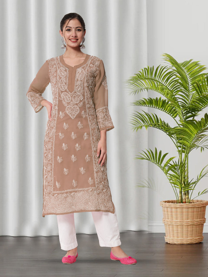 Hand Embroidered Chikankari Georgette straight Kurta With Matching Slip- PC3485