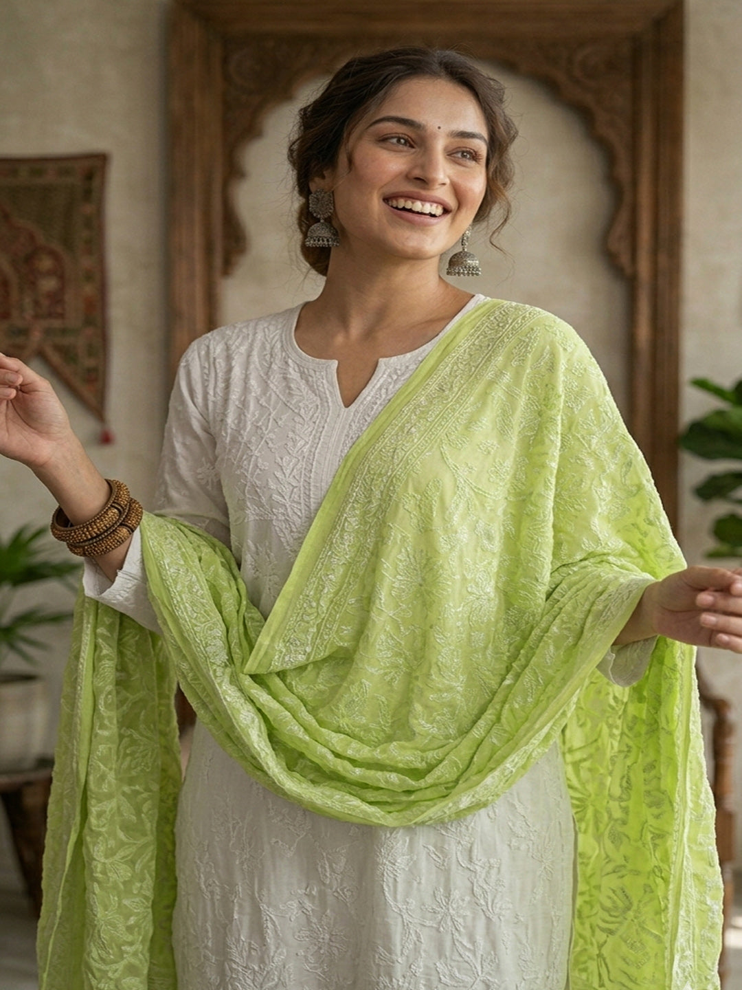 Women Hand Embroidered Cotton Chikankari Dupatta-PC4111 Green