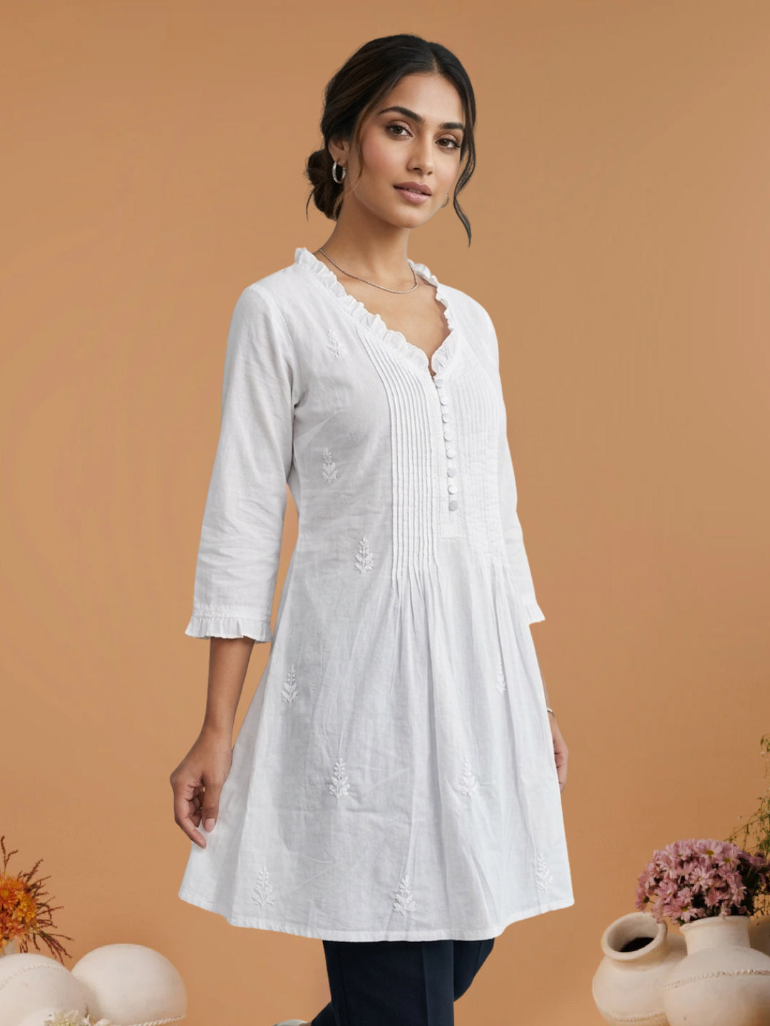 White and Pink Chikankari Cotton Tunic with Ruffle Neck – Detail of Hand Embroidery