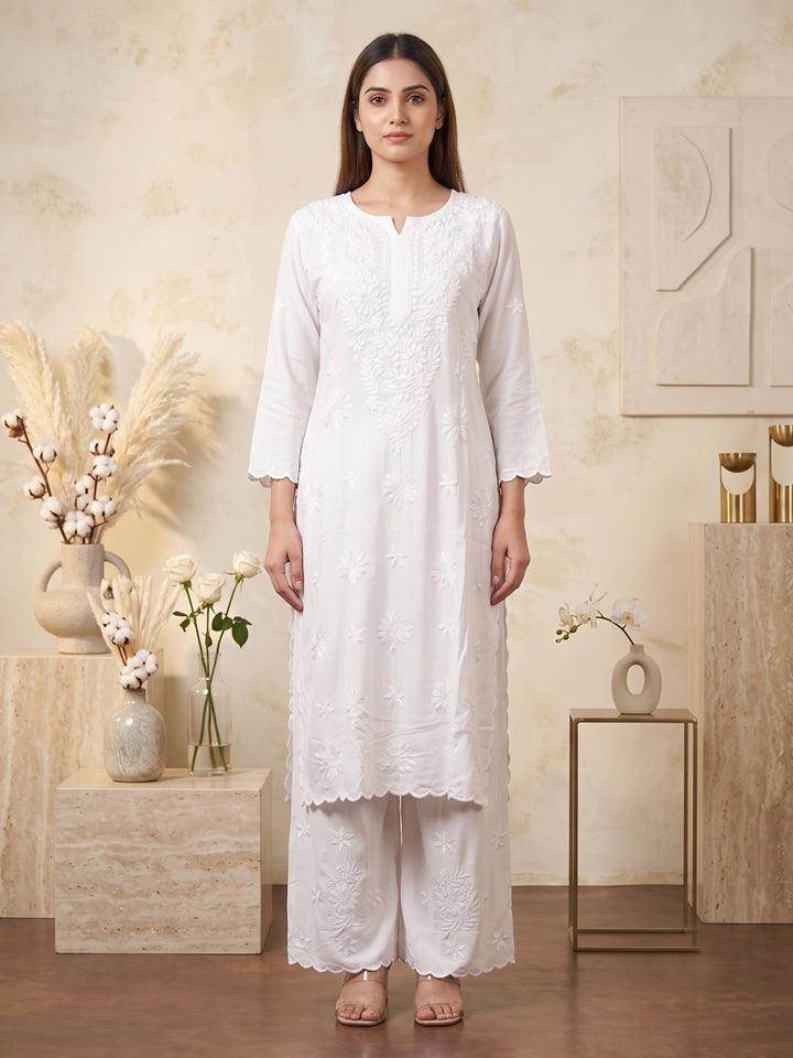 Women Hand Embroidered Chikankari Rayon Kurta Set With Cut Work PC4132KS White
