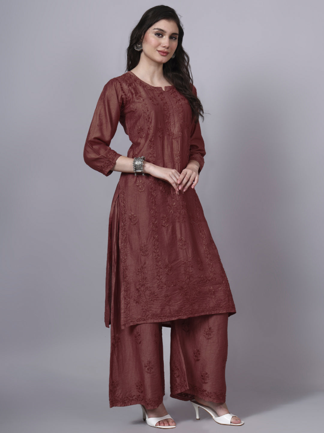 Women Hand Embroidered Chikankari Chanderi Kurta Set with dupatta PC4136KS Brown