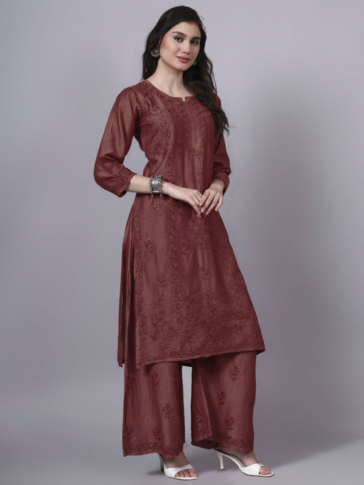 Women Hand Embroidered Chikankari Chanderi Kurta Set with dupatta PC4136KS Brown