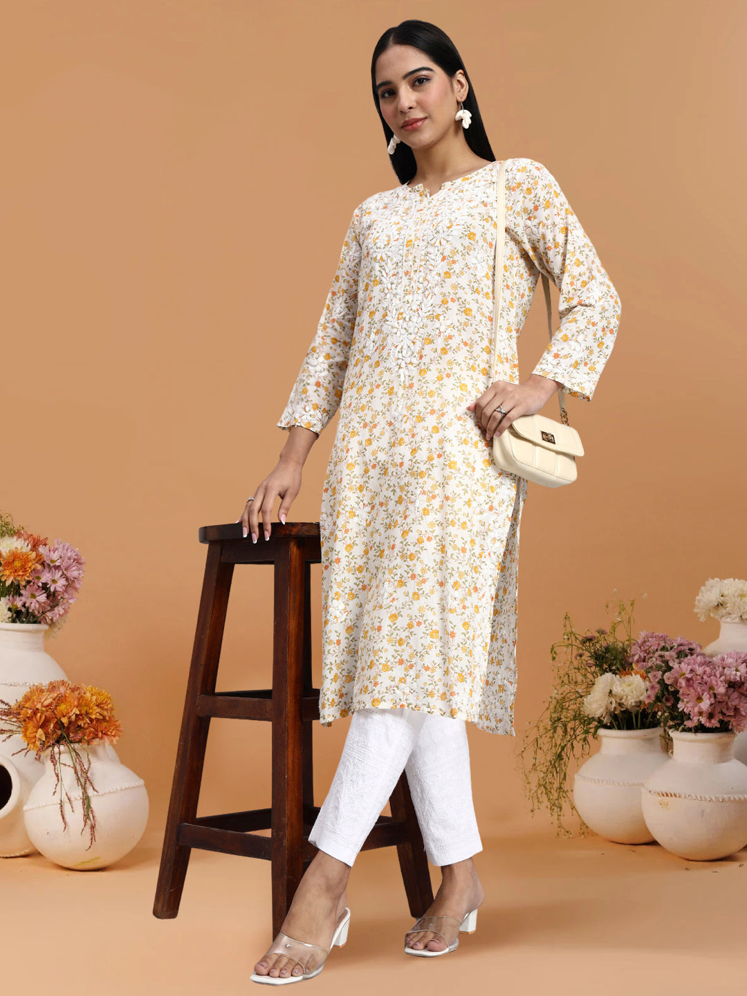 Hand Embroidered Chikankari Mulmul Printed Straight Kurta- PC4105