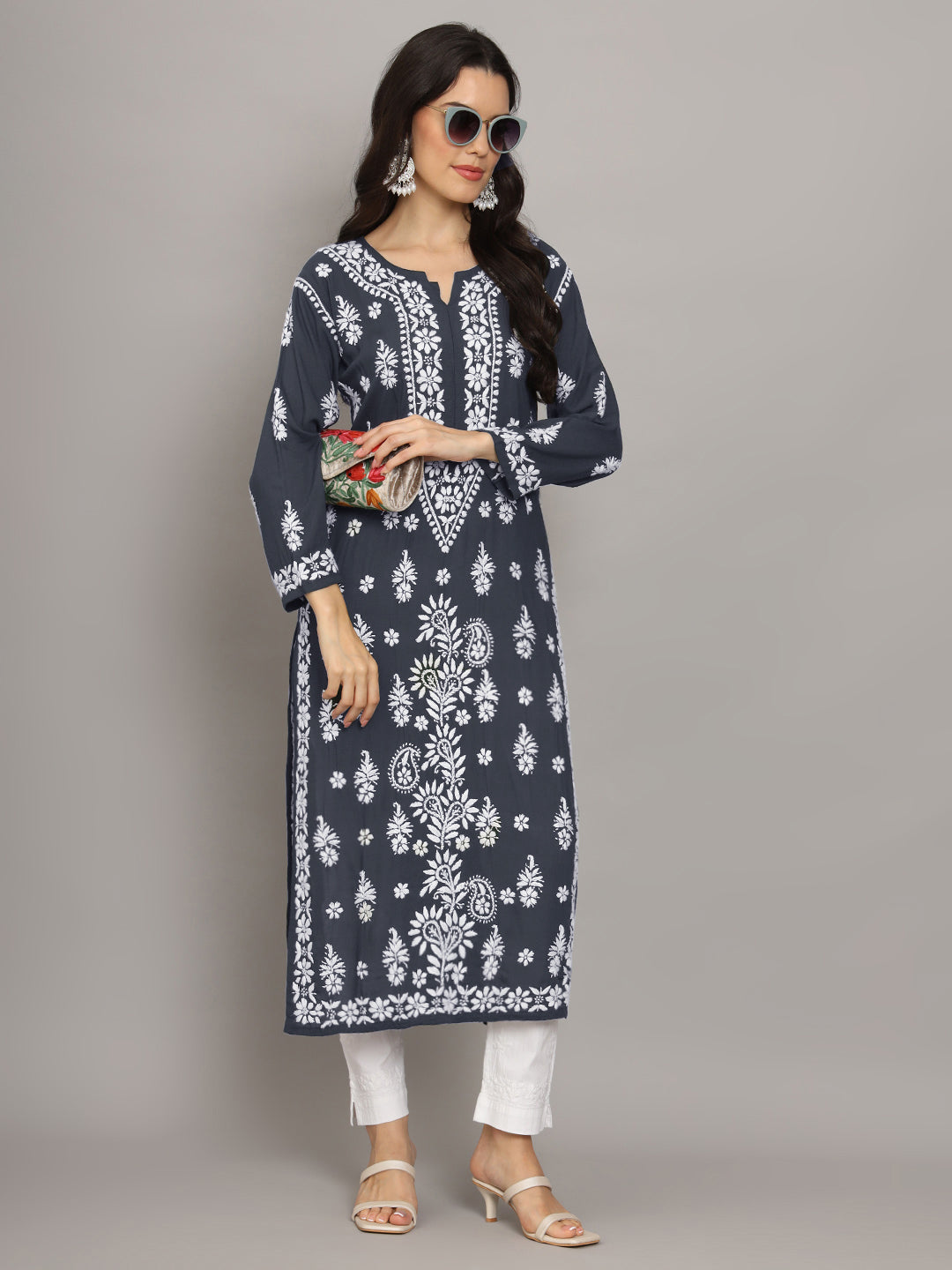 Hand Embroidered Chikankari Modal Straight Kurta- PC4042