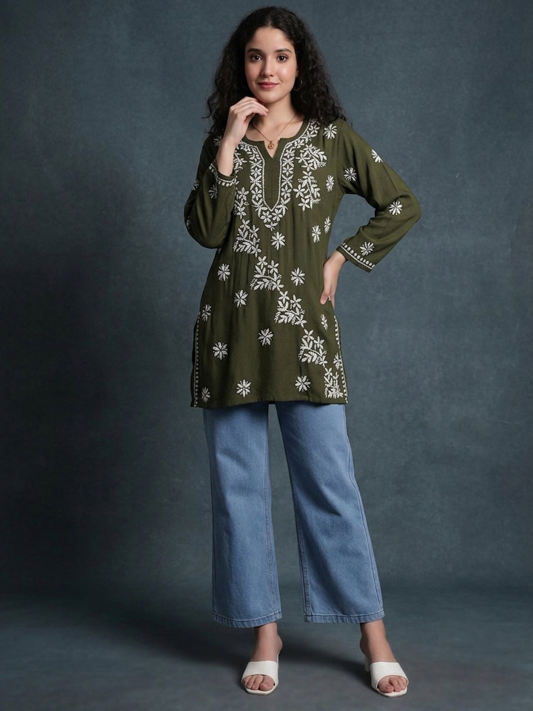 Women Hand Embroidered Chikankari Rayon Kurti PC4071 Olive