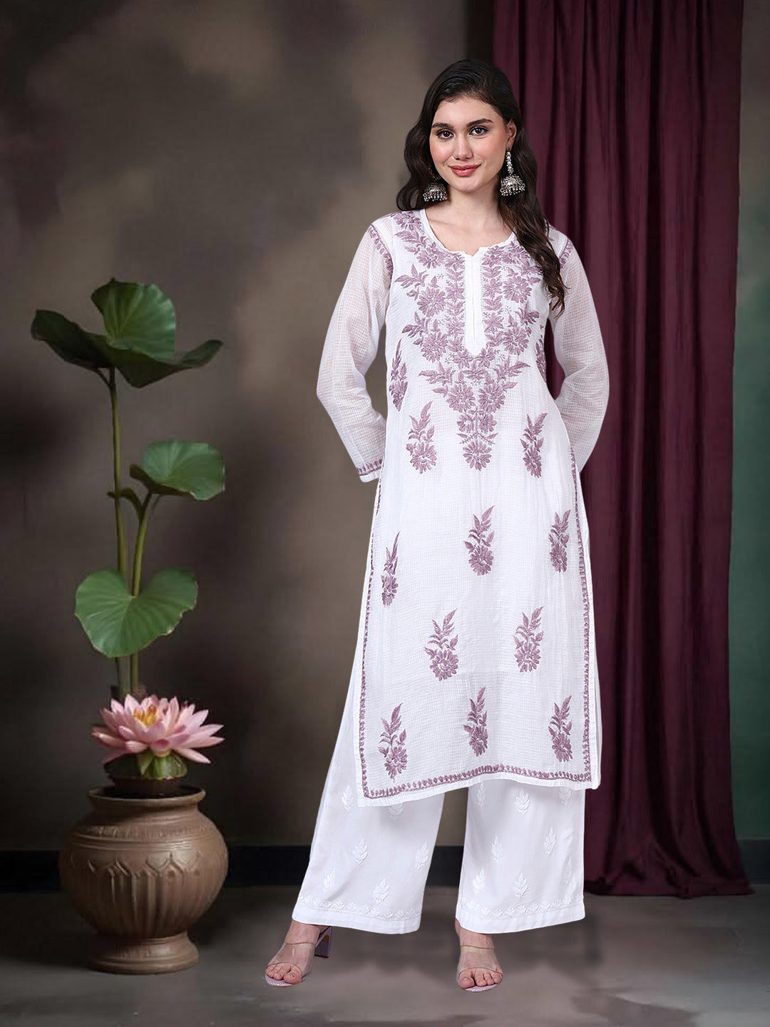 Hand Embroidered Chikankari Kota Cotton Straight Kurta With Matching Slip- PC4137 Lavender