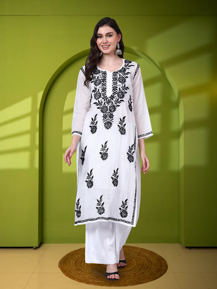 Hand Embroidered Chikankari Kota Cotton Straight Kurta With Matching Slip- PC4137 Black