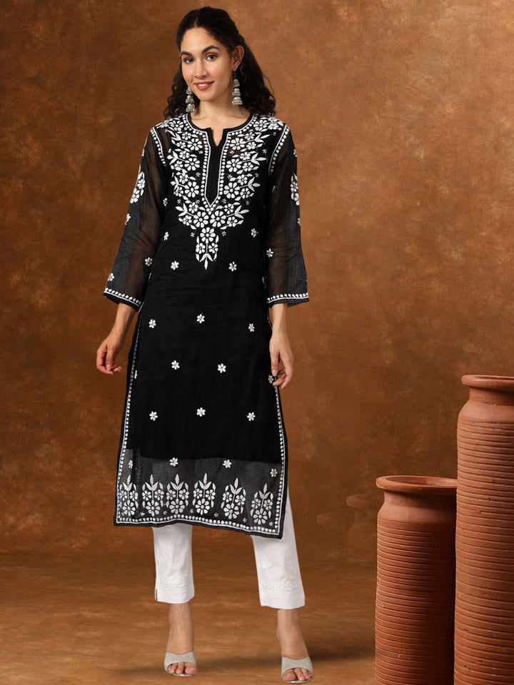 Hand Embroidered Chikankari Kota Cotton straight Kurta with Matching Slip- PC3540