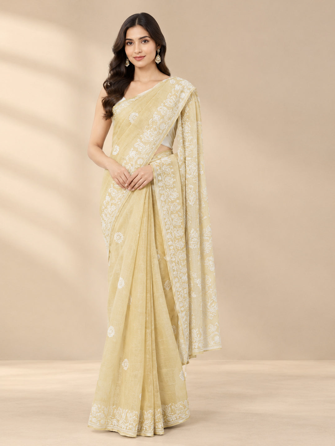 Hand Embroidered Chikankari Cotton Saree PCSAR02 Beige