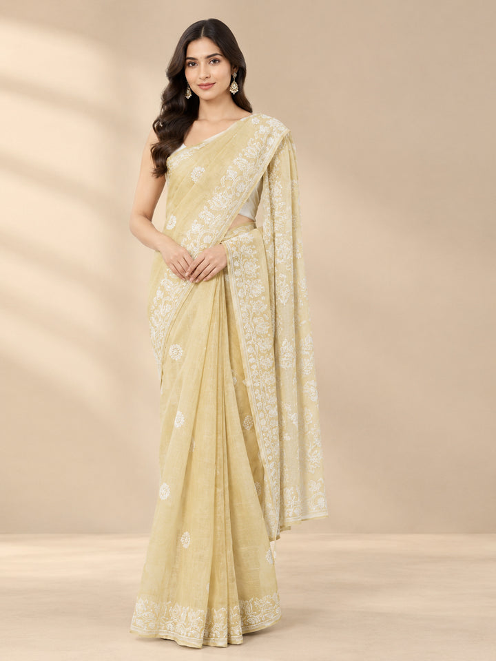 Hand Embroidered Chikankari Cotton Saree PCSAR02 Beige
