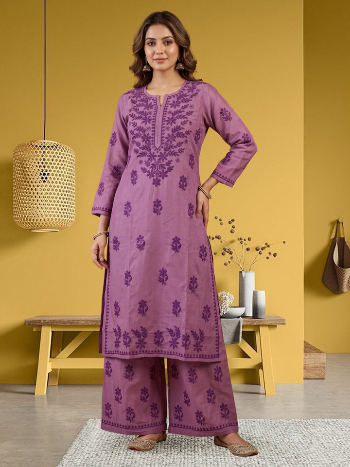 Women Hand Embroidered Chikankari Chanderi Kurta Set PC4119KS Mauve