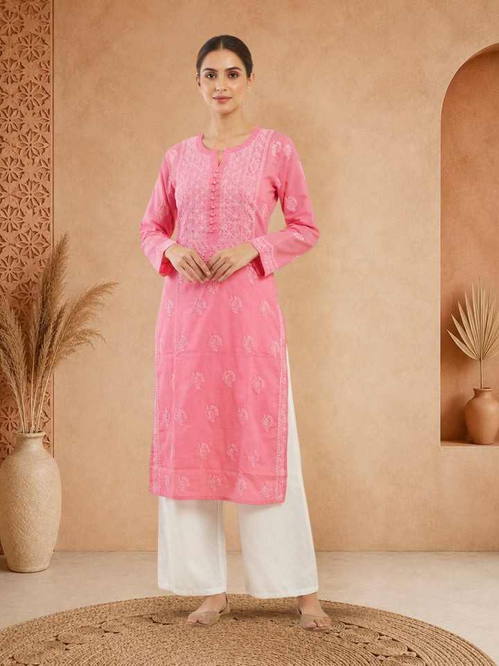 Hand Embroidered Chikankari Cotton Straight Kurta- PC3579 Coral