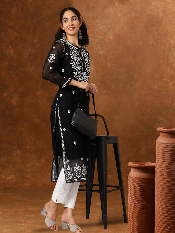 Hand Embroidered Chikankari Kota Cotton straight Kurta with Matching Slip- PC3540