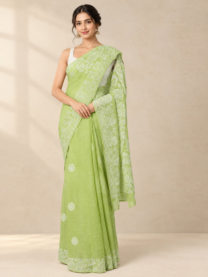 Hand Embroidered Chikankari Cotton Saree PCSAR02 Lightgreen