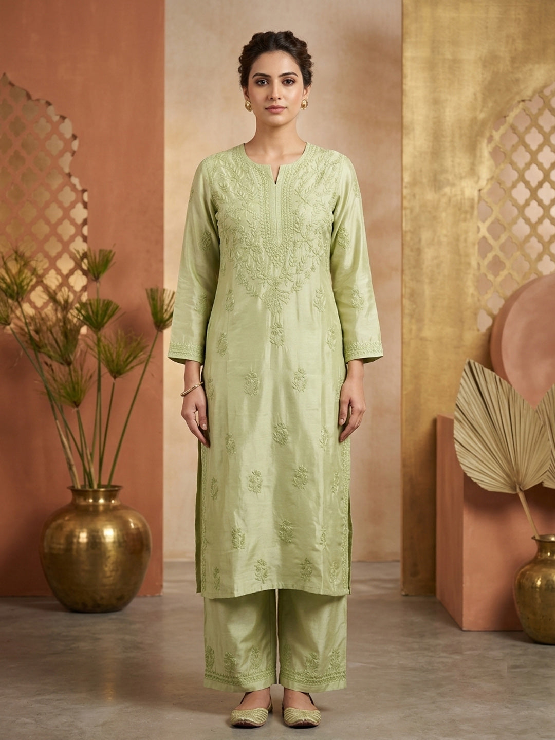 Women Hand Embroidered Chikankari Muslin Kurta Set PC4118KS-OLIVE