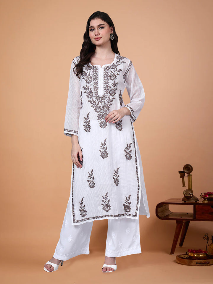 Hand Embroidered Chikankari Kota Cotton Straight Kurta With Matching Slip- PC4137 Brown