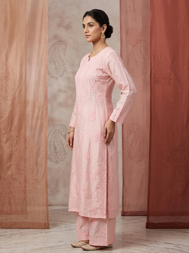 Women Hand Embroidered Chikankari Muslin Kurta Set PC4118KS-PEACH