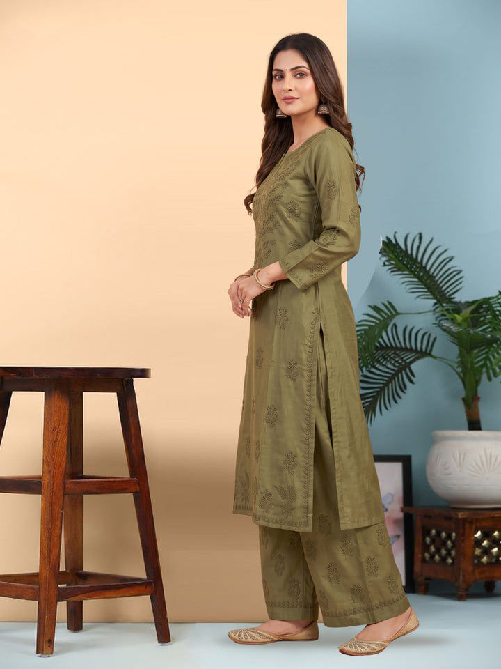 Women Hand Embroidered Chikankari Chanderi Kurta Set PC4119KS Olivegreen