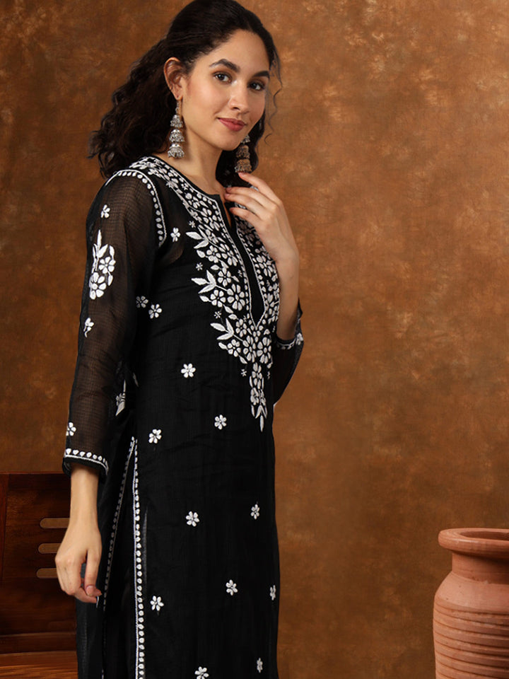 Hand Embroidered Chikankari Kota Cotton straight Kurta with Matching Slip- PC3540