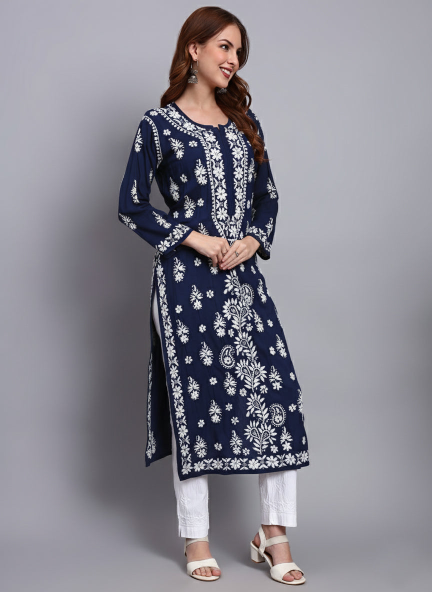 Hand Embroidered Chikankari Modal Straight Kurta- PC4042