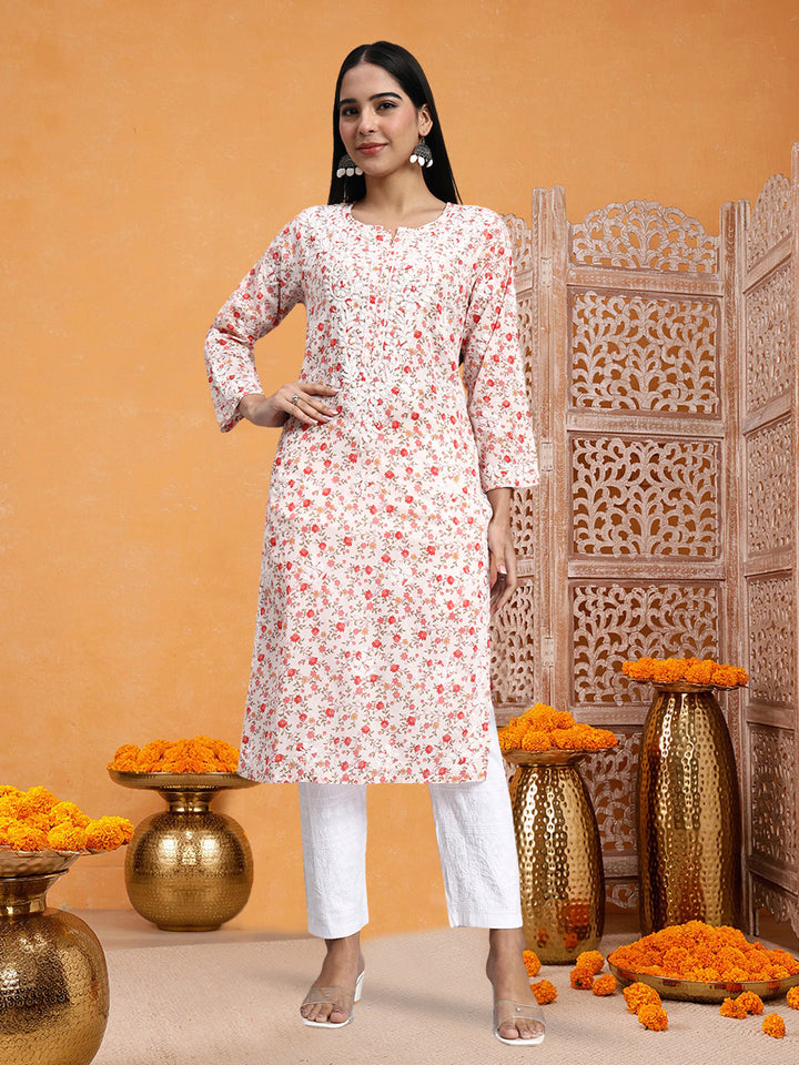 Hand Embroidered Chikankari Mulmul Printed Straight Kurta- PC4105