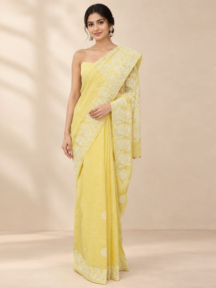 Hand Embroidered Chikankari Cotton Saree PCSAR02 Lightyellow