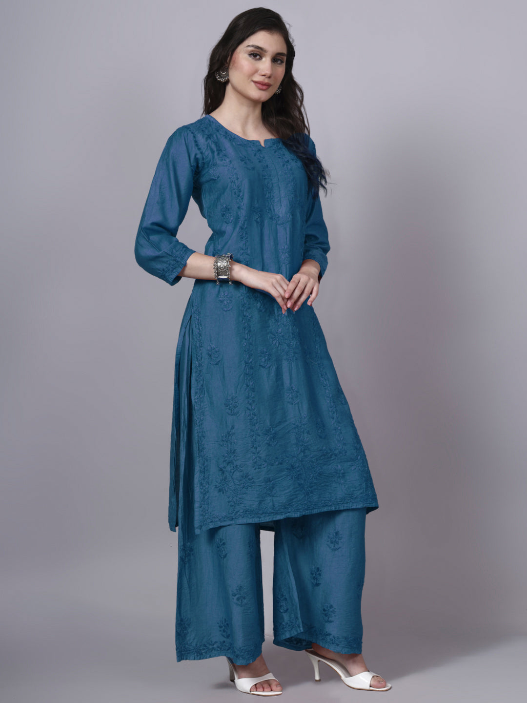 Women Hand Embroidered Chikankari Chanderi Kurta Set with dupatta PC4136KS Blue
