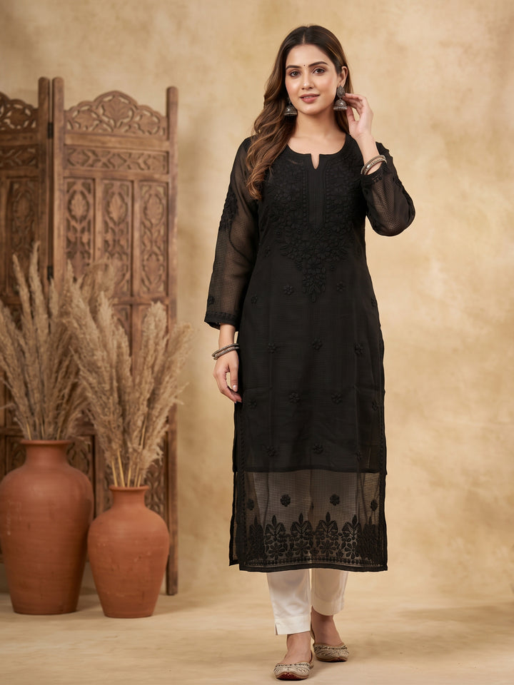 Hand Embroidered Chikankari Kota Cotton straight Kurta with Matching Slip-PC3540N