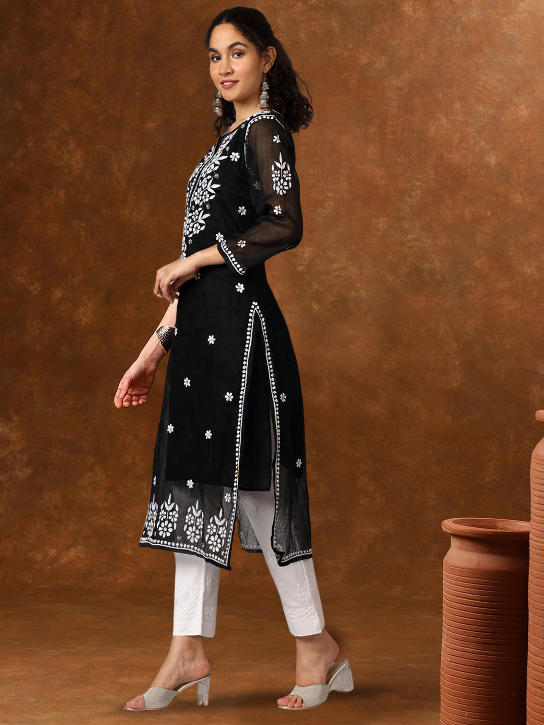 Hand Embroidered Chikankari Kota Cotton straight Kurta with Matching Slip- PC3540