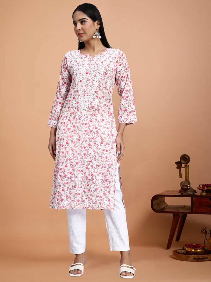 Hand Embroidered Chikankari Mulmul Printed Straight Kurta- PC4105