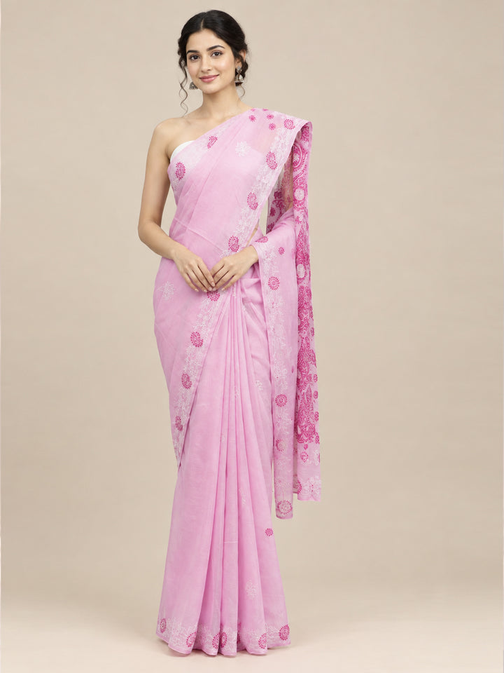 Hand Embroidered Chikankari Cotton Saree PCSAR01 Pink