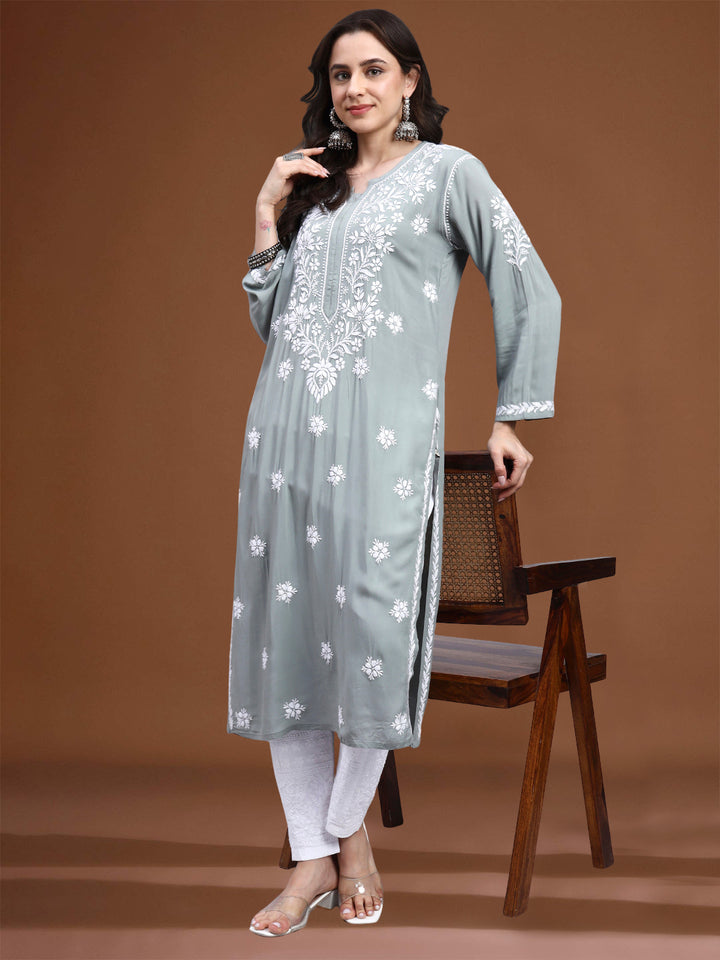 Hand Embroidered Chikankari Modal Straight Kurta- PC4059 Lightgrey